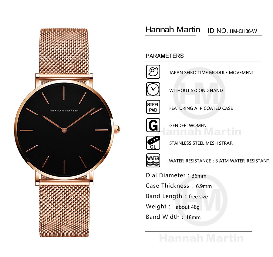 Japan Quartz Movement High Quality 36mm hannah Martin Women Stainless Steel Mesh Rose Gold Waterproof Ladies Watch Dropshipping