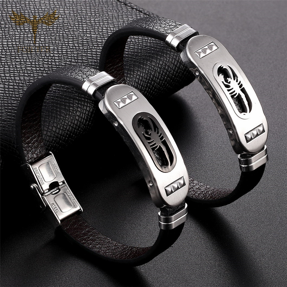 Punk Scorpion Bracelet Mens Leather Bracelets High Quality Stainless Steel Leather Jewelry for Men Accessory Rock Male Bangles