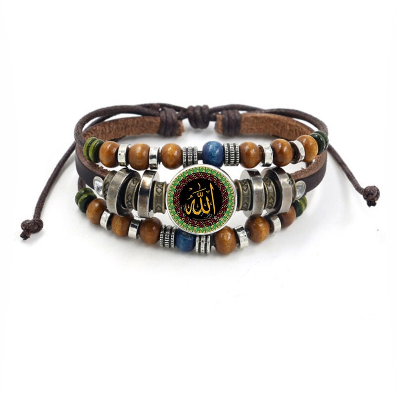 Vintage Islam Allah Beads Leather Bracelet Glass Cabochon Charm Snap Button Bracelets For Men Women Muslim Jewelry Accessories