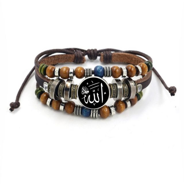 Vintage Islam Allah Beads Leather Bracelet Glass Cabochon Charm Snap Button Bracelets For Men Women Muslim Jewelry Accessories
