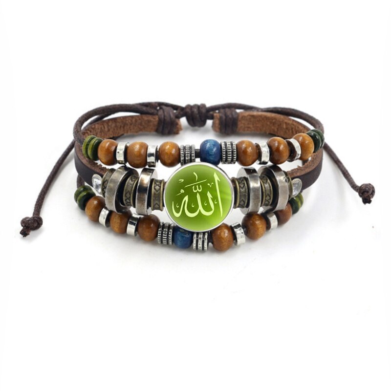 Vintage Islam Allah Beads Leather Bracelet Glass Cabochon Charm Snap Button Bracelets For Men Women Muslim Jewelry Accessories