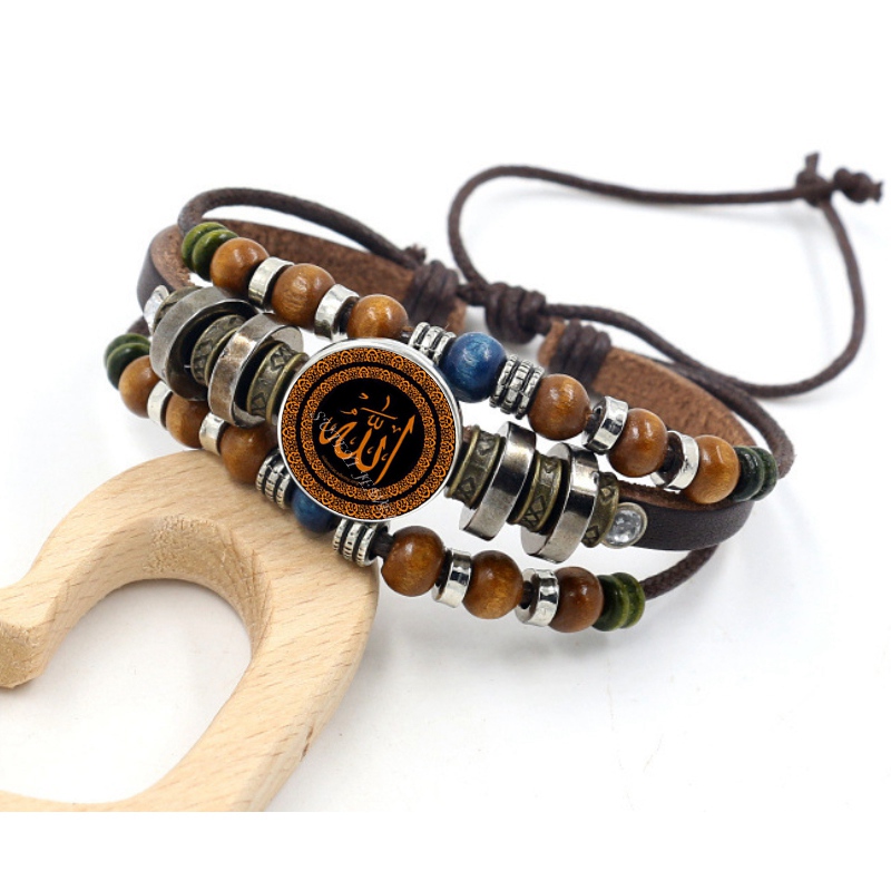 Vintage Islam Allah Beads Leather Bracelet Glass Cabochon Charm Snap Button Bracelets For Men Women Muslim Jewelry Accessories