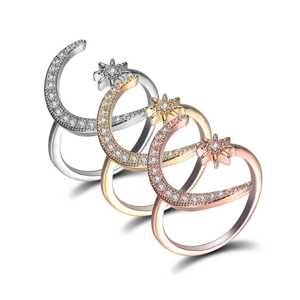 2020 Boho Female Open Star Moon Rings For Women Rose Gold Color Filled Cute White Crystal Ring Staking Minimalist Jewelry 2020 Boho Female Open Star Moon Rings For Women Rose Gold Color Filled Cute White Crystal Ring Staking Minimalist Jewelry