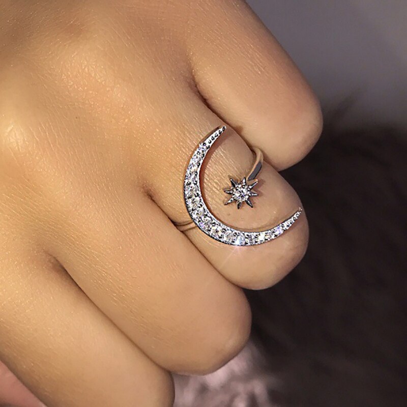 2020 Boho Female Open Star Moon Rings For Women Rose Gold Color Filled Cute White Crystal Ring Staking Minimalist Jewelry 2020 Boho Female Open Star Moon Rings For Women Rose Gold Color Filled Cute White Crystal Ring Staking Minimalist Jewelry