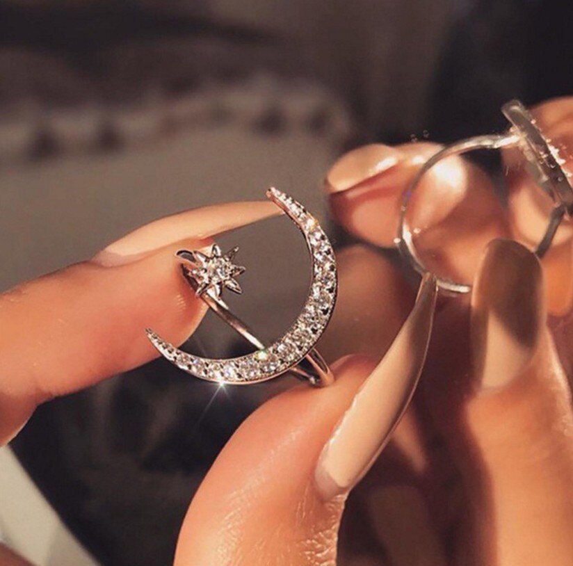 2020 Boho Female Open Star Moon Rings For Women Rose Gold Color Filled Cute White Crystal Ring Staking Minimalist Jewelry 2020 Boho Female Open Star Moon Rings For Women Rose Gold Color Filled Cute White Crystal Ring Staking Minimalist Jewelry