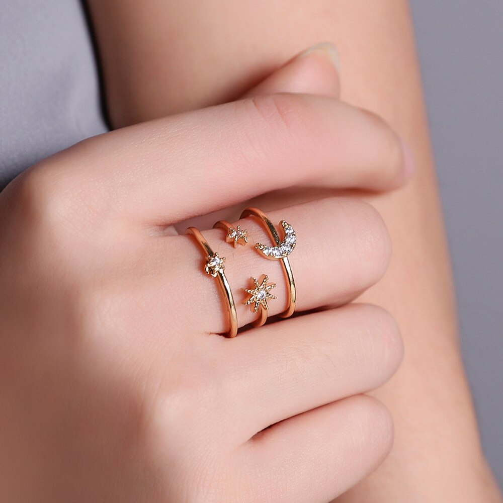 2020 Boho Female Open Star Moon Rings For Women Rose Gold Color Filled Cute White Crystal Ring Staking Minimalist Jewelry 2020 Boho Female Open Star Moon Rings For Women Rose Gold Color Filled Cute White Crystal Ring Staking Minimalist Jewelry