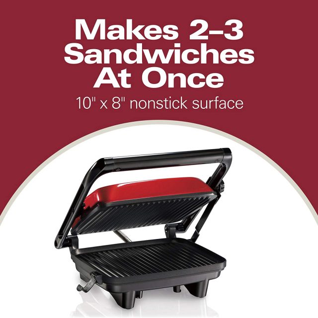 Hamilton Beach Electric Panini Press Grill With Locking Lid, Opens 180 Degrees For Any Sandwich Thickness, Nonstick 8″ X 10″ Grids, Colors Red, Stainless Steel and Chrome Finish