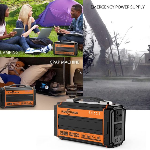 Rockpals 250-Watt Portable Generator Charger Adapter Rechargeable Lithium Battery Pack Solar Generator with 110V AC Outlet, 12V Car, USB Output Off-grid Power Supply for Backup Camping Emergency